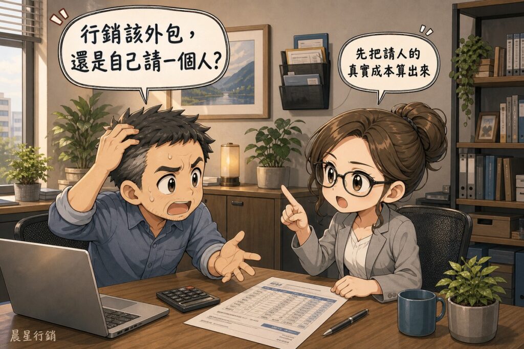 中小企業辦公室裡，抓著頭的老闆問「行銷該外包，還是自己請一個人？」，戴眼鏡的顧問舉起食指回答「先把請人的真實成本算出來」，桌上放著筆電、計算機與攤開的薪資表。