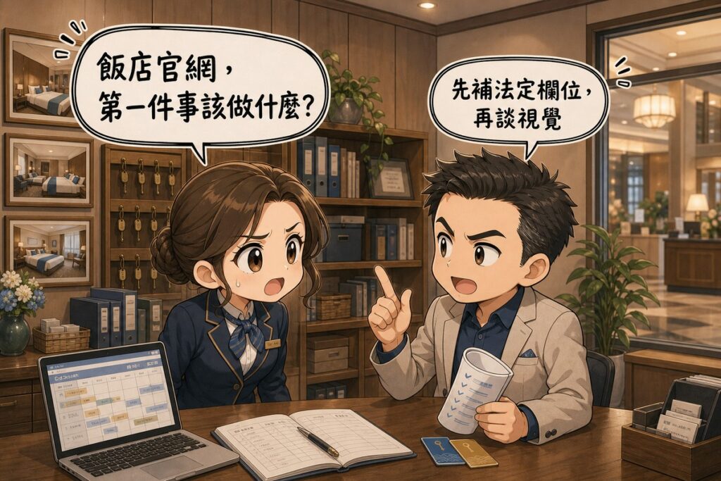 飯店櫃檯後方的辦公室裡，穿制服的櫃檯主管問「飯店官網，第一件事該做什麼？」，拿著檢查清單的顧問舉起食指回答「先補法定欄位，再談視覺」，桌上有筆電訂房行事曆、訂房本與房卡。