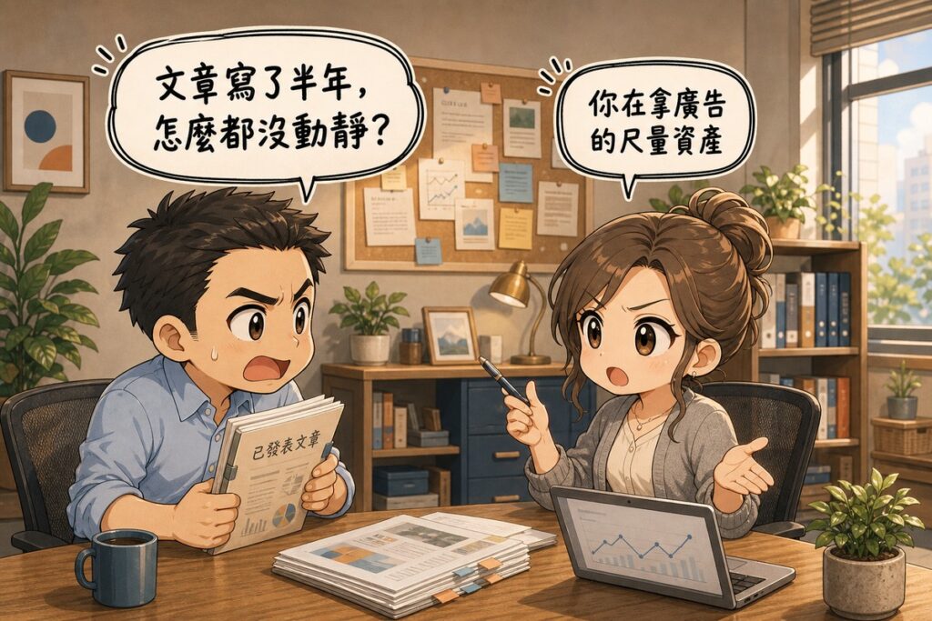 公司辦公角落，拿著一疊已發表文章的老闆焦急地問「文章寫了半年，怎麼都沒動靜？」，對面的內容策略顧問舉筆回答「你在拿廣告的尺量資產」，桌上有筆電折線圖、成疊文稿與馬克杯。
