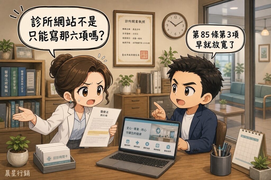 診所櫃檯後方的行政辦公室，穿白袍的院長拿著法規影本問「診所網站不是只能寫那六項嗎？」，顧問指著筆電螢幕回答「第 85 條第 3 項早就放寬了」，桌上有筆電、劃了重點的法條頁與預約卡。