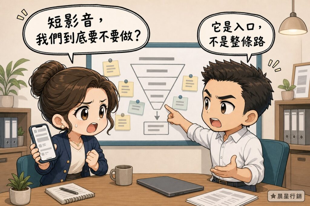 封面插畫:小型會議室裡,穿深藍針織外套的女性企業主舉著手機、皺眉張口問「短影音,我們到底要不要做?」;右邊白襯衫的男性行銷顧問轉向她,手指著白板上的漏斗草圖回答「它是入口,不是整條路」。