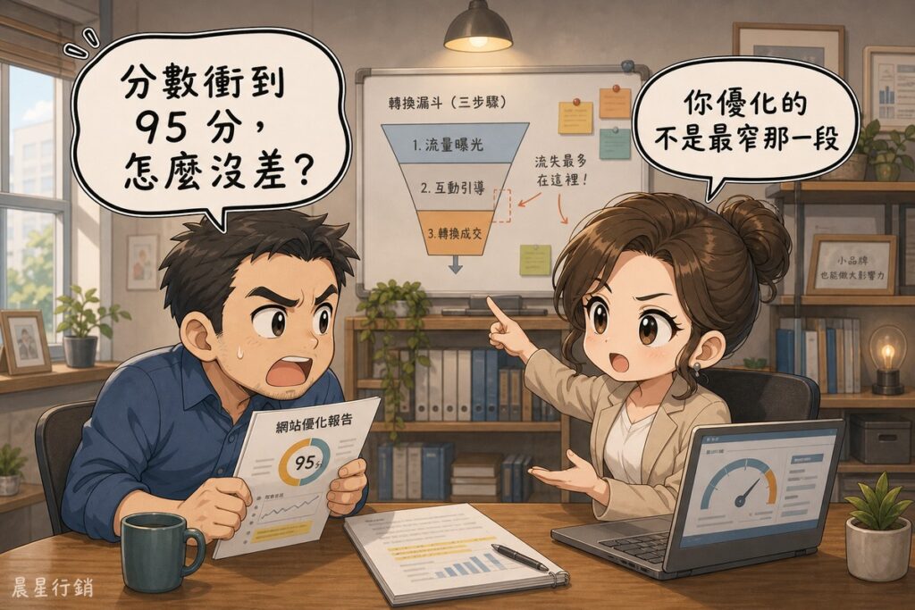 公司辦公角落，拿著優化報告的老闆問「分數衝到 95 分，怎麼沒差？」，顧問指著白板上的三段漏斗草圖回答「你優化的不是最窄那一段」，桌上有筆電效能儀表、劃了重點的報告與馬克杯。