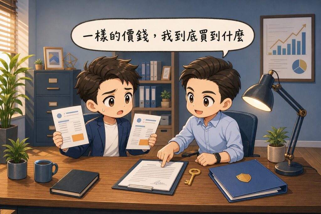兩位晨星行銷角色坐在辦公桌前對話，手拿兩份長相相似的報價單面露疑惑，桌上有簽好字的合約、一把鑰匙與資料夾，對話框寫著「一樣的價錢，我到底買到什麼」，牆上掛著成長趨勢圖