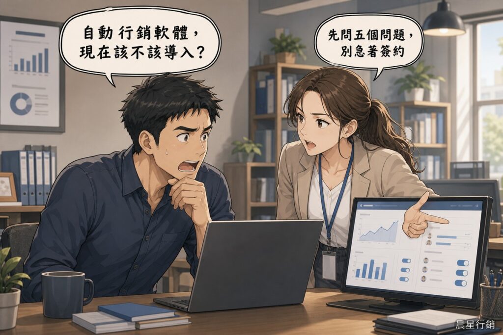 一位皺眉的男性業主在筆電前著急發問「自動行銷軟體，現在該不該導入？」，旁邊女性行銷顧問指著螢幕上的儀表板回答「先問五個問題，別急著簽約」，辦公室背景有書架、盆栽與窗景
