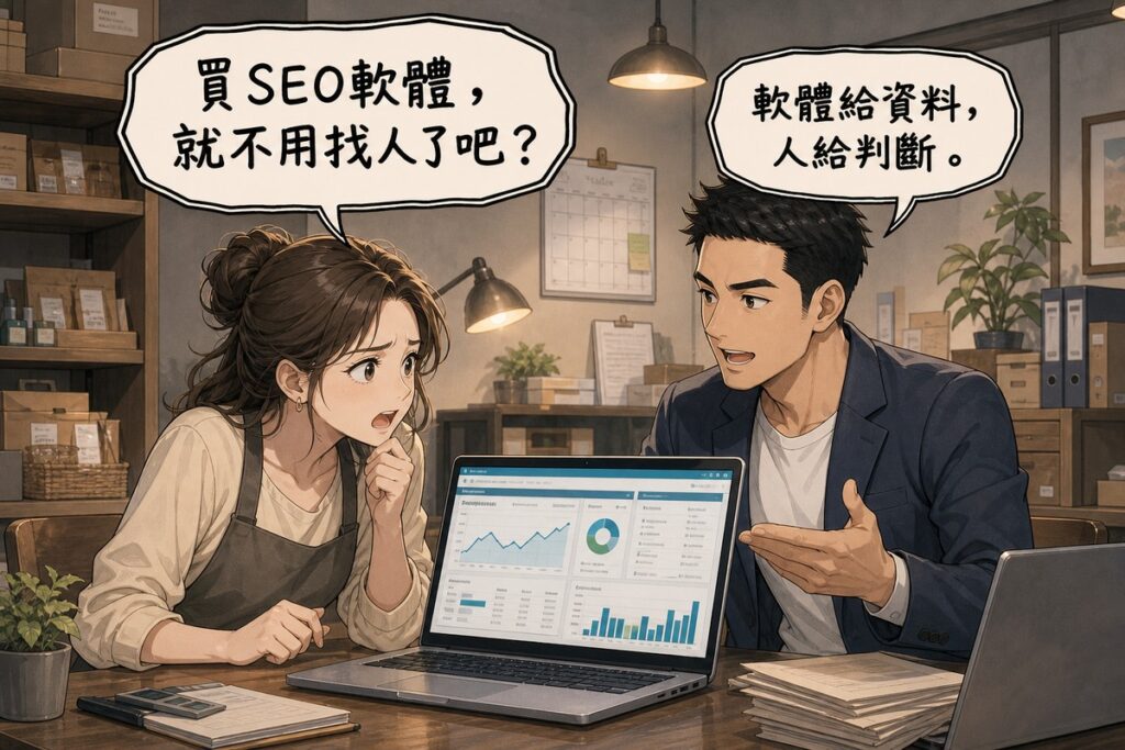 一位女性企業主與男性行銷顧問對談的插畫，女性驚訝提問「買SEO軟體，就不用找人了吧？」，男性顧問手指筆電螢幕回答「軟體給資料，人給判斷」，背景是溫馨的店鋪辦公室