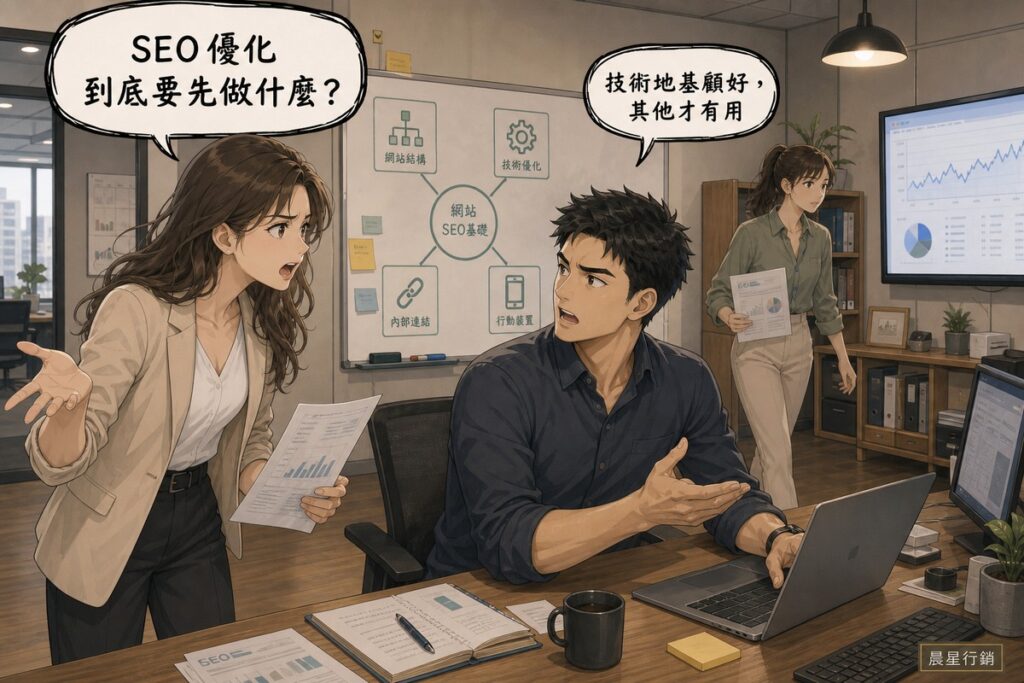 兩位晨星行銷團隊成員在辦公室裡討論SEO優化該從哪裡開始，白板上畫著技術優化、內部連結、行動裝置分類圖，一人坐著回應技術地基顧好其他才有用