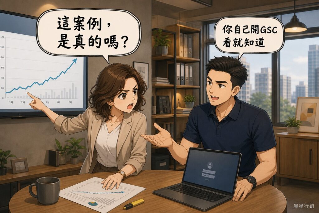 女性企業主眉頭深鎖指著螢幕上的成長曲線圖質問「這案例是真的嗎」，男性行銷顧問微笑攤手回答「你自己開GSC看就知道」，兩人在辦公室會議桌前對談，桌上有筆電與報表