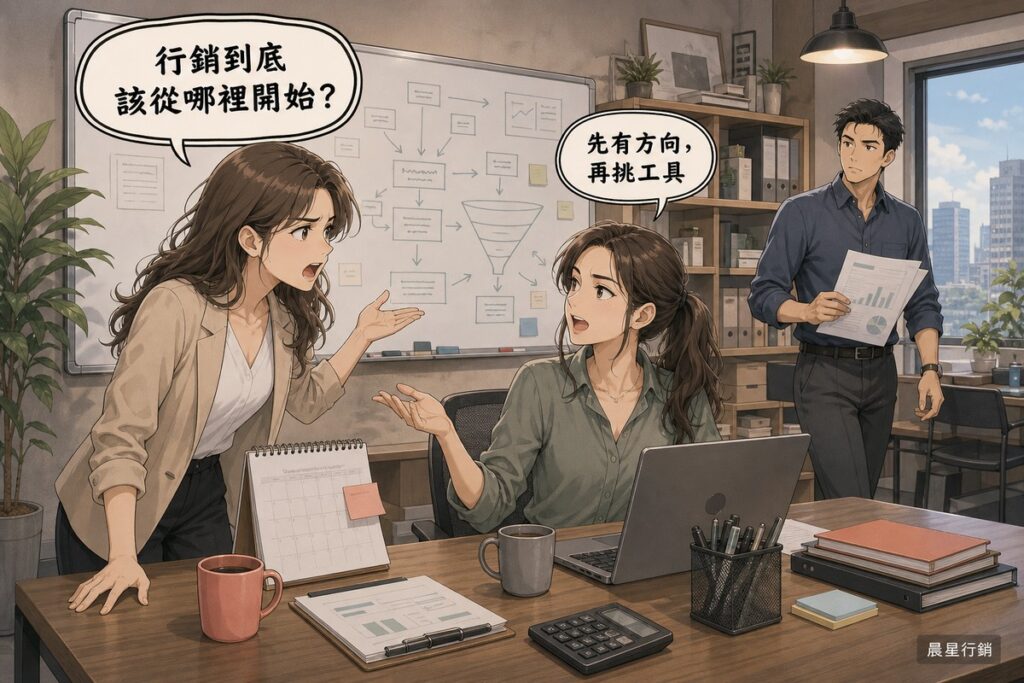 辦公室情境插畫：前景一位女士站著追問「行銷到底該從哪裡開始？」，中景一位女士坐在筆電前回答「先有方向，再挑工具」，背景一位男士拿著報表走進來，牆上白板畫著抽象的目標與通路示意圖