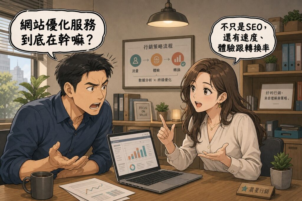 辦公室場景，男性業主皺眉前傾發問「網站優化服務到底在幹嘛？」，女性行銷顧問手指比出說明手勢回答「不只是SEO，還有速度、體驗跟轉換率」，背景是暖灰牆面、行銷策略流程海報、窗戶採光與置物架，桌上有筆電與報表，右下角小標籤寫著晨星行銷。