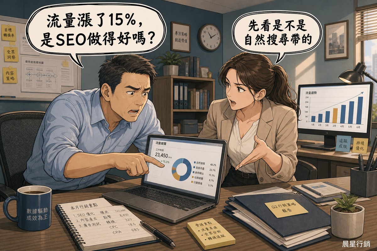 一位企業主緊張地指著筆電螢幕上的流量儀表板，向旁邊的行銷顧問詢問流量成長是否代表SEO做得好，顧問手指向螢幕解釋要先看是不是自然搜尋帶來的流量