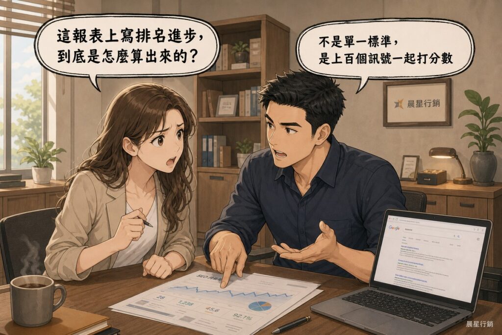 女性企業主拿著印出的SEO月報疑惑發問排名到底怎麼算出來的,男性顧問指著顯示Google搜尋結果的筆電回答不是單一標準是上百個訊號一起打分數,暖色調辦公室場景,書櫃窗戶採光與盆栽