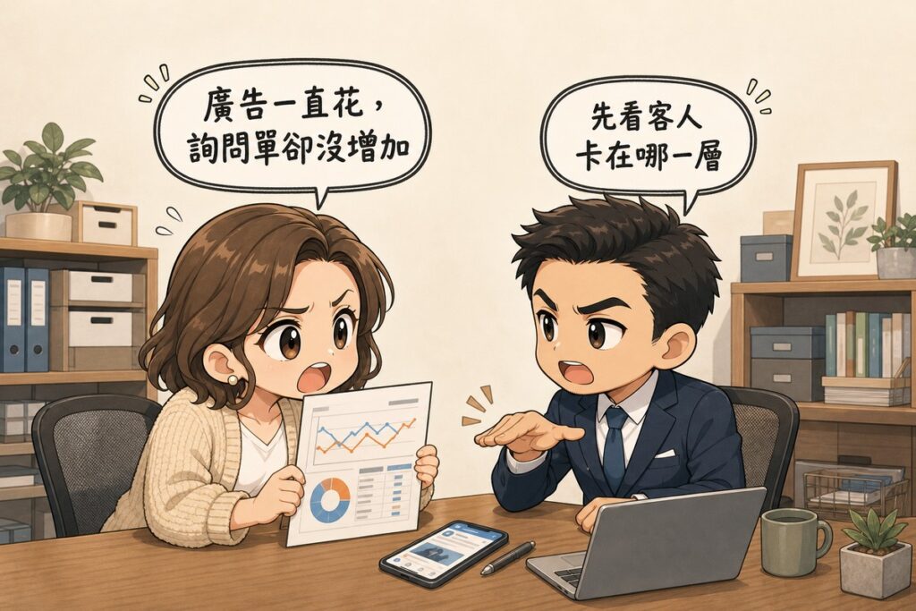 Q版插畫:左邊一位針織衫女店主皺眉張嘴舉著廣告成效報表,對話框寫「廣告一直花,詢問單卻沒增加」;右邊一位西裝男顧問轉頭看著她、手比出往下分層的手勢,對話框寫「先看客人卡在哪一層」。背景是小型辦公室,桌上有手機與報表。