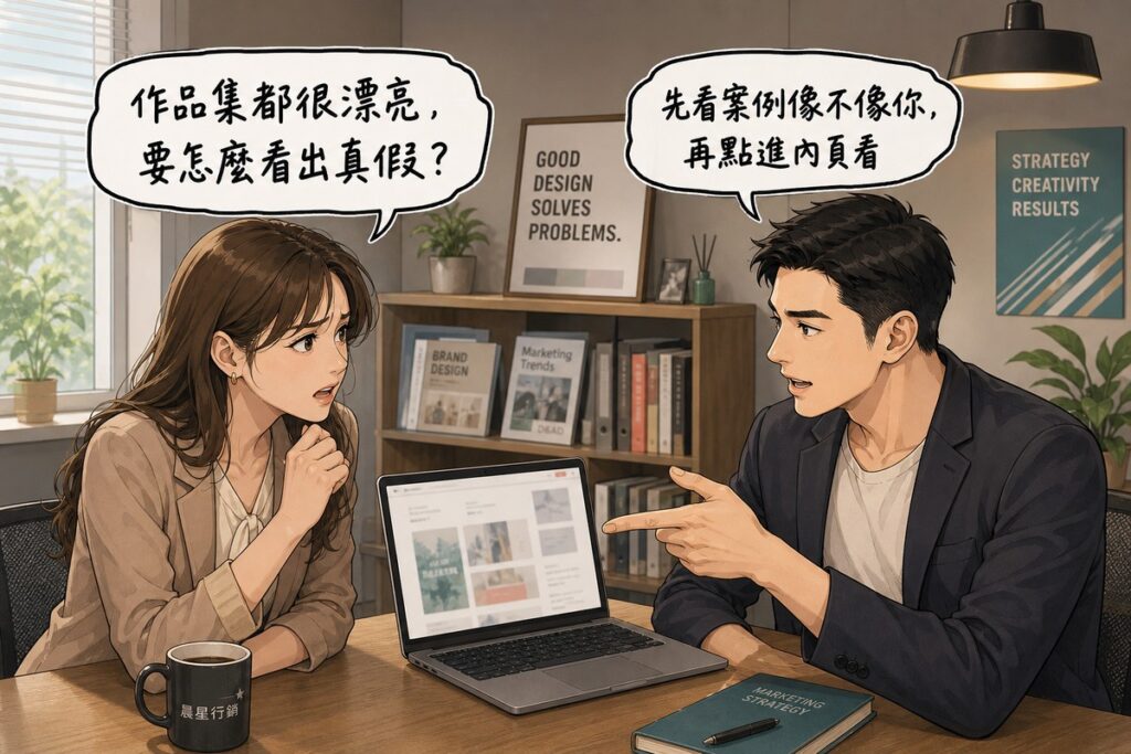 一位女性企業主焦急詢問作品集真假，一位行銷顧問自信指著筆電回答，兩人在暖灰色調的行銷顧問辦公室裡對談，桌上有筆電、咖啡杯與書櫃