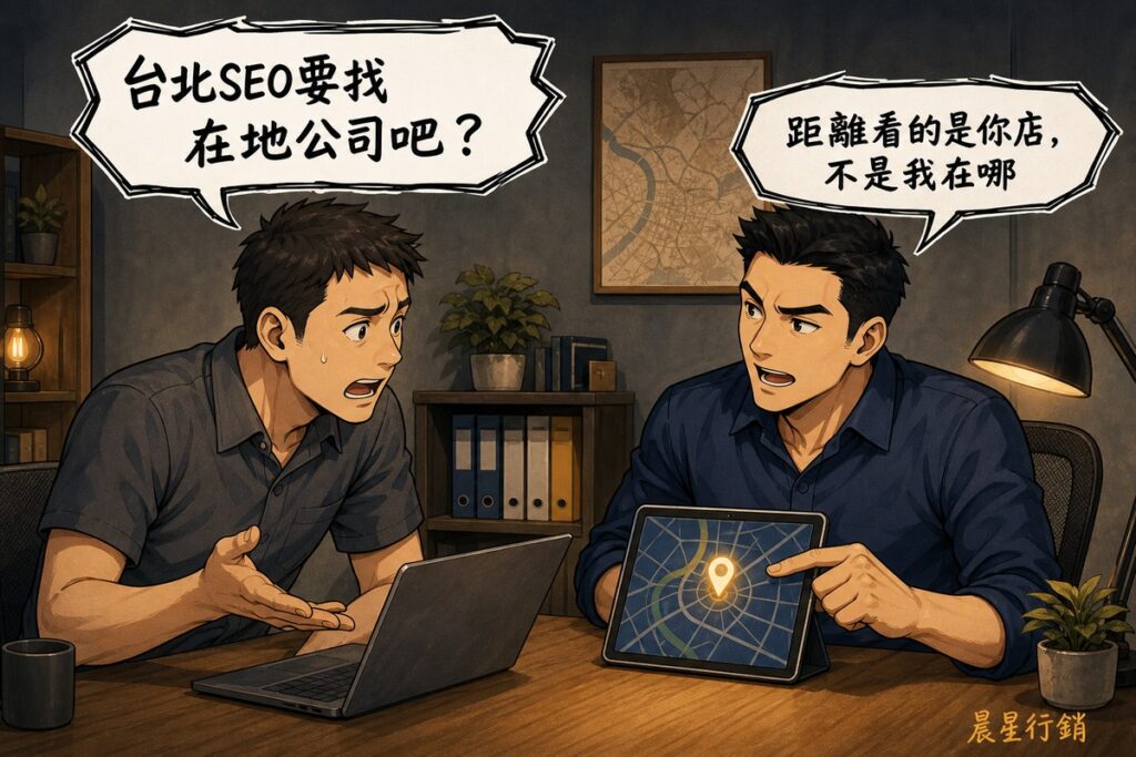 辦公室裡兩人對談，左邊業主焦急發問「台北SEO要找在地公司吧？」，右邊顧問指著平板上的台北地圖釘回答「距離看的是你店，不是我在哪」，牆上掛著台北地圖裝飾畫。