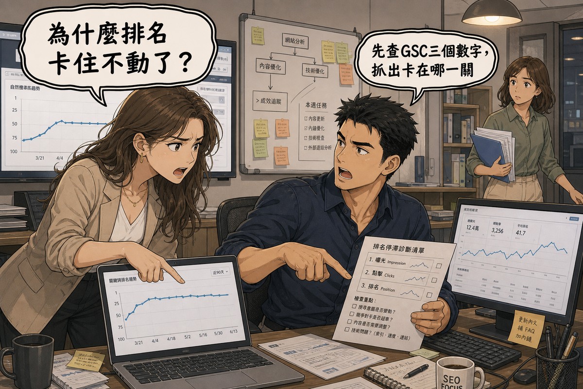 辦公室裡三個人的漫畫情境：一位女性行銷主管站著焦急指著螢幕上停滯的排名曲線發問，一位男性SEO顧問坐著轉頭回應並指向一張診斷檢查清單，第三位同事拿著資料走進畫面，牆上白板貼滿便利貼與流程箭頭。