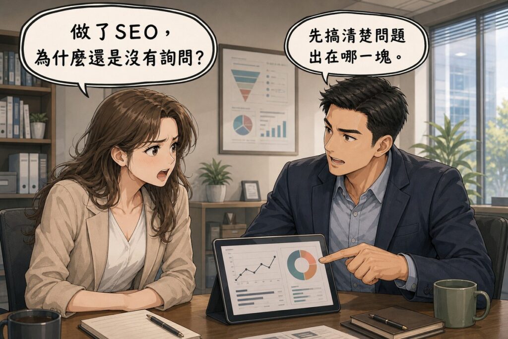 女性業主困惑發問「做了SEO為什麼還是沒有詢問」，男性顧問手指平板圖表回答「先搞清楚問題出在哪一塊」，兩人在辦公室對談的插畫