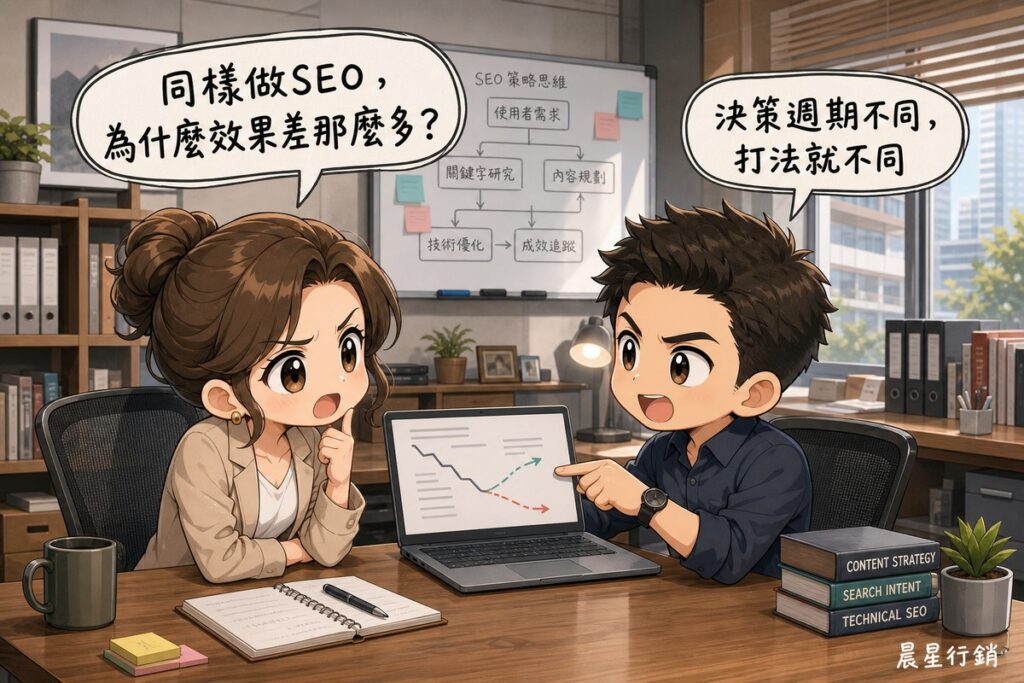 兩位辦公室同事對談漫畫，一人問同樣做SEO為什麼效果差那麼多，另一人回答決策週期不同打法就不同，背景有筆電顯示成長曲線與白板流程圖