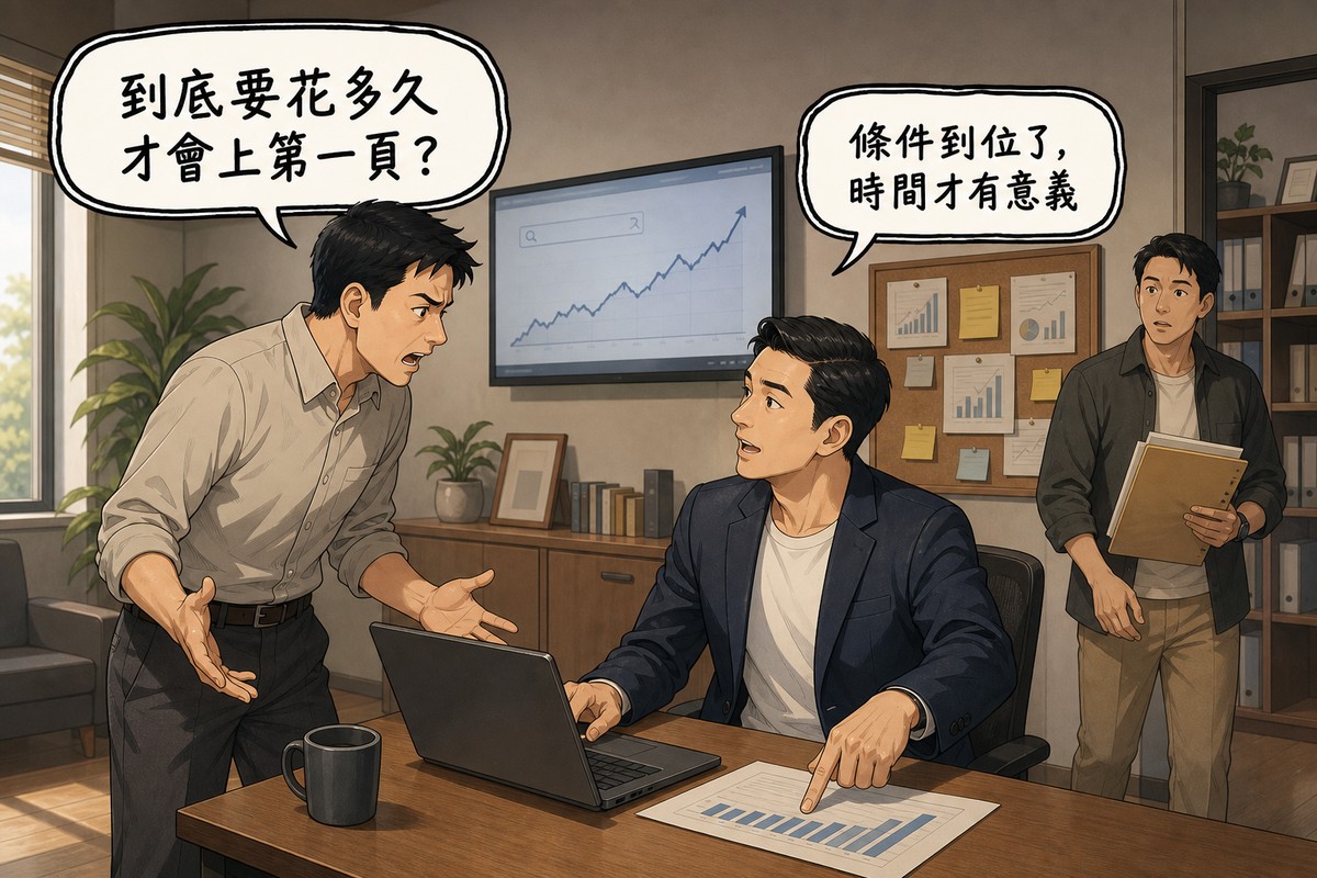 辦公室裡，一位企業主前傾質問「到底要花多久才會上第一頁？」，SEO顧問指著筆電上的排名走勢圖回答「條件到位了，時間才有意義」，第三位同事拿著文件走進畫面。