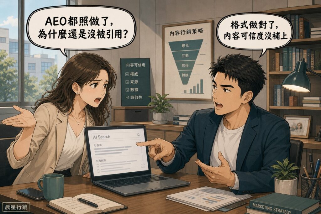 一位女性企業主皺眉張嘴著急發問AEO都照做了為什麼還是沒被引用，男性行銷顧問挑眉直視她並手指筆電螢幕回答格式做對了內容可信度沒補上，兩人在辦公室辦公桌前對談，背景有書架窗戶與內容行銷策略海報