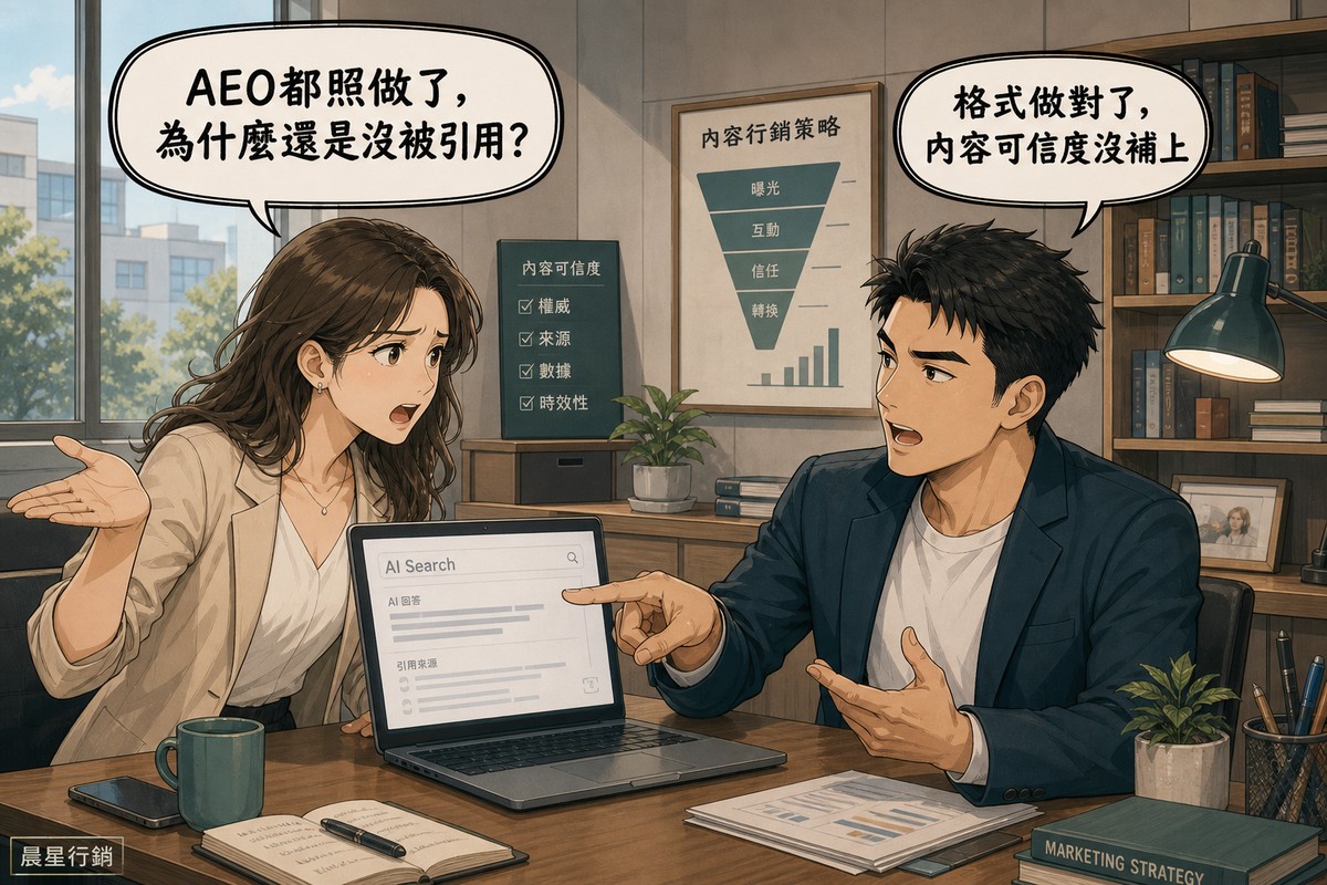 一位女性企業主皺眉張嘴著急發問AEO都照做了為什麼還是沒被引用，男性行銷顧問挑眉直視她並手指筆電螢幕回答格式做對了內容可信度沒補上，兩人在辦公室辦公桌前對談，背景有書架窗戶與內容行銷策略海報