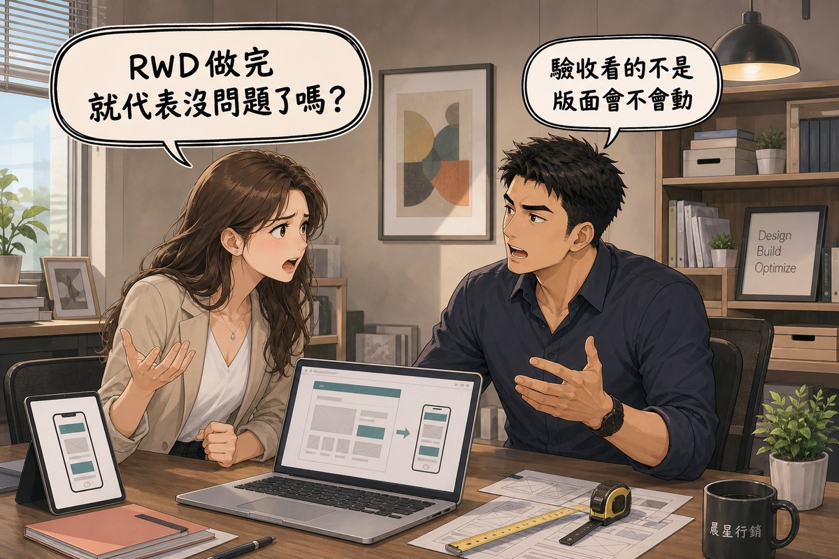 一位女性企業主著急地問「RWD做完就代表沒問題了嗎」,一位男性技術顧問回答「驗收看的不是版面會不會動」,兩人在會議室裡,桌上有筆電顯示網頁版面在桌機與手機間縮放的示意圖、平板顯示手機外框、以及一把量尺