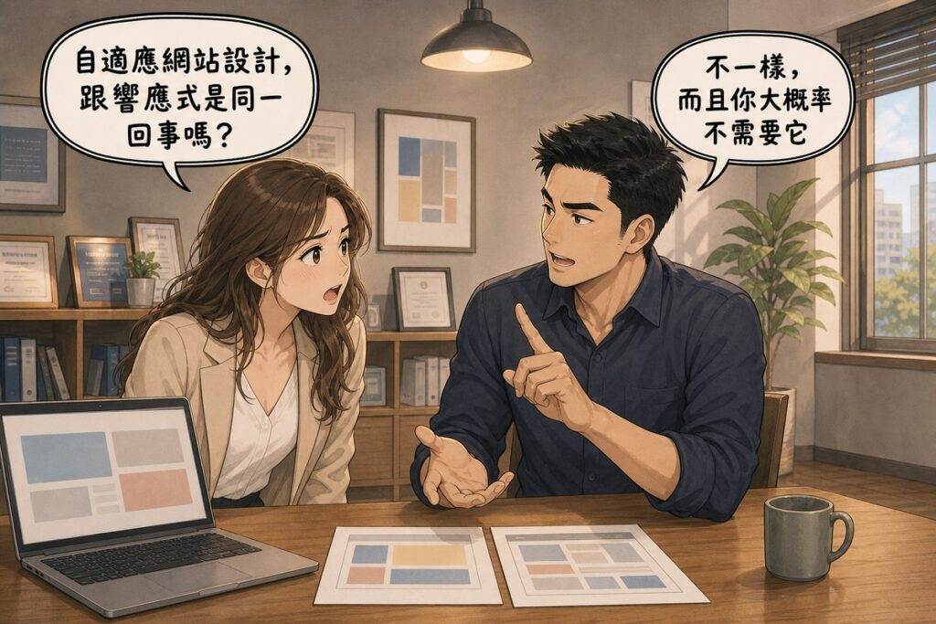 封面插圖：一位女性業主困惑地詢問自適應網站設計是否等於響應式設計，男性顧問回答不一樣、而且大概率不需要，兩人在暖灰色會議室內對談，桌上有筆電與兩份版型草稿
