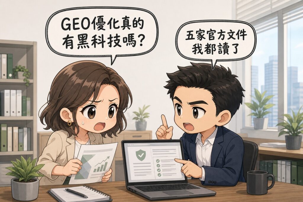 業主拿著推銷簡報詢問顧問GEO優化是否有黑科技，顧問指著筆電上打開的官方文件頁面說明五家平台的文件都讀過了