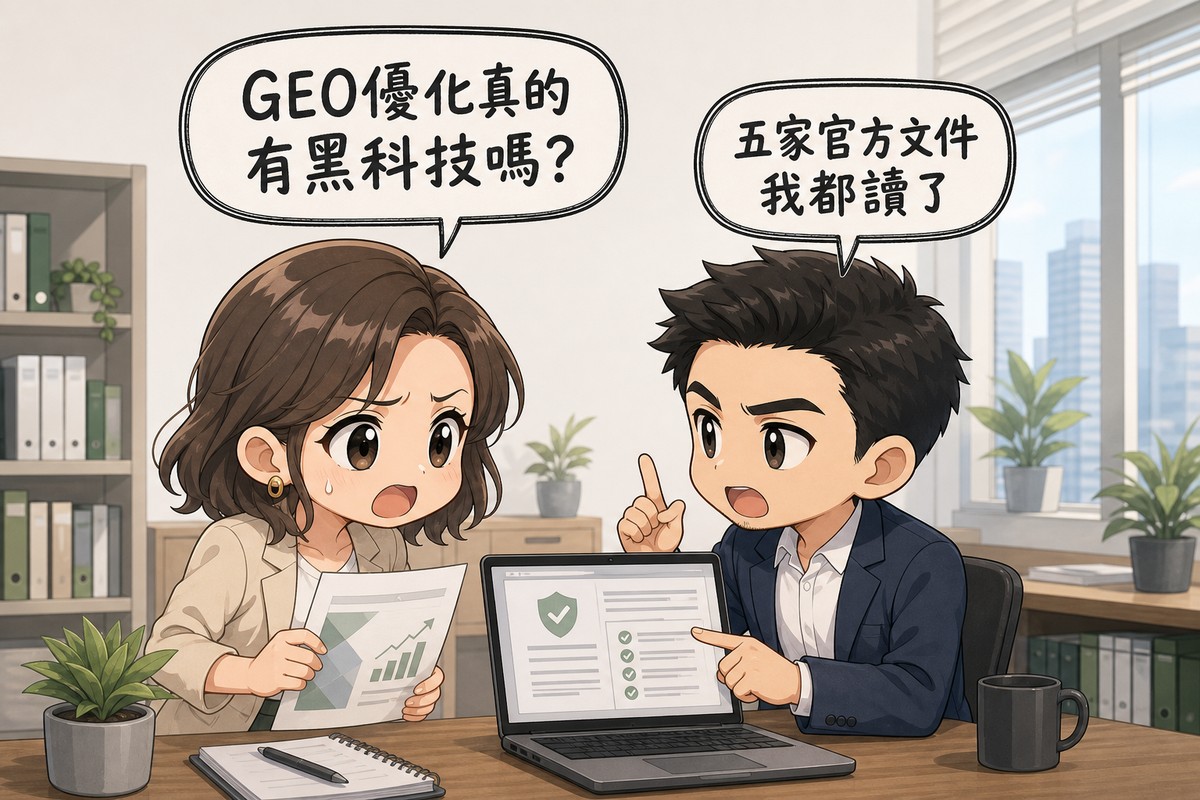 業主拿著推銷簡報詢問顧問GEO優化是否有黑科技,顧問指著筆電上打開的官方文件頁面說明五家平台的文件都讀過了
