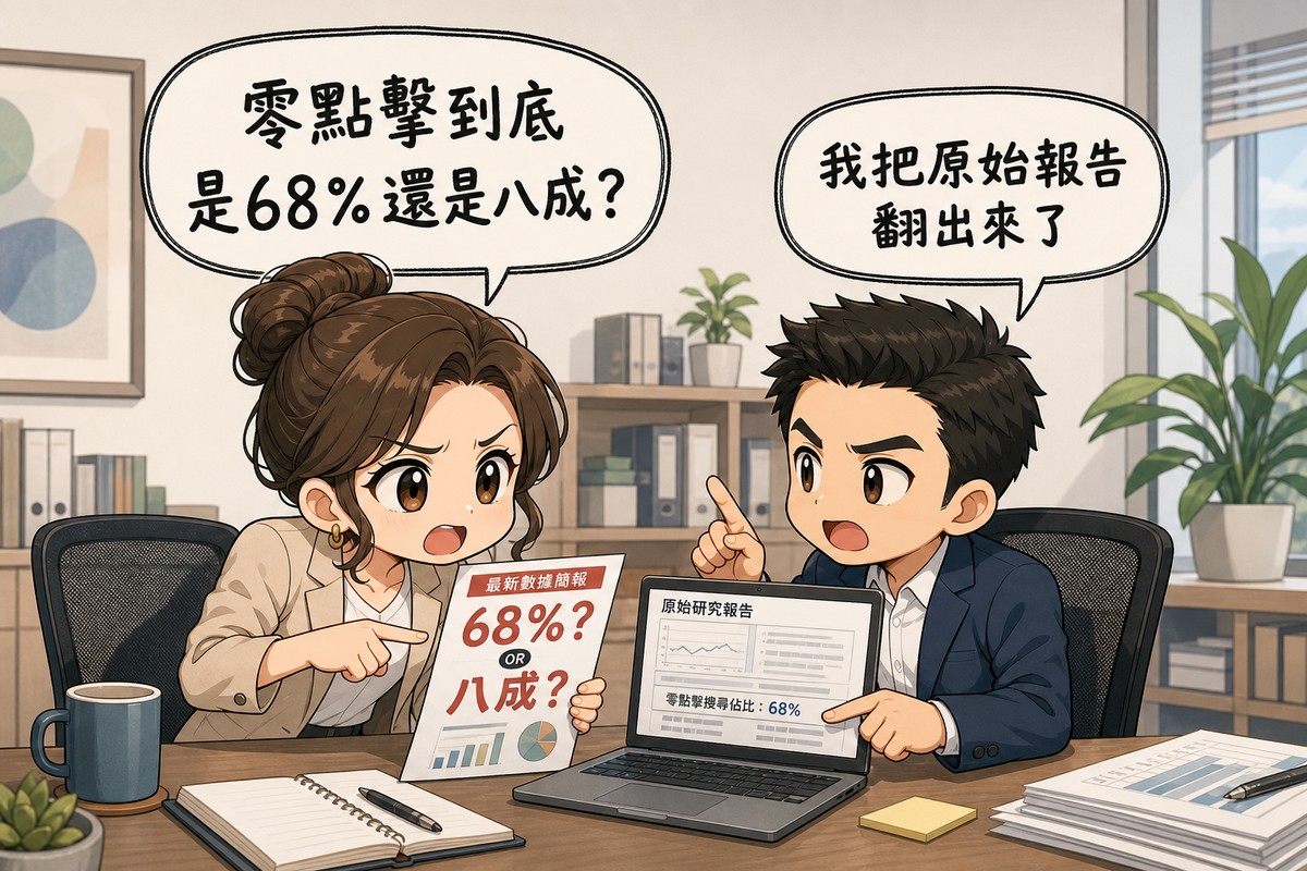 業主拿著印滿誇張百分比的簡報詢問顧問零點擊到底是68%還是八成,顧問把原始研究報告開在筆電上指著其中一行說明