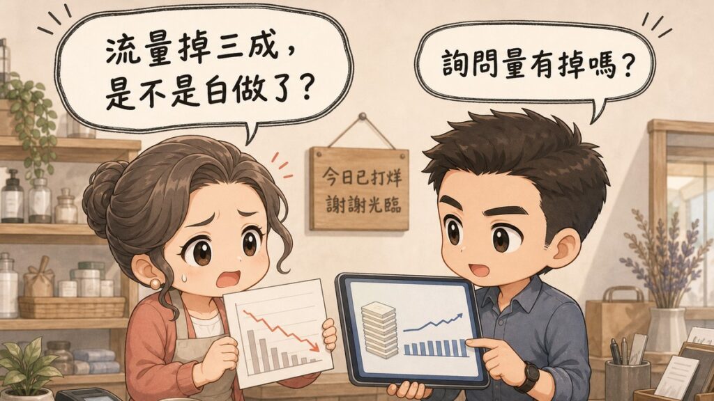 店家櫃台前，一位女性店主舉著一張曲線明顯往下掉的流量報表、神情焦急；對面的男性顧問沒有看那張報表，而是把自己的平板轉過來給她看，螢幕上的預約單與詢問量是平穩甚至微微上揚的。