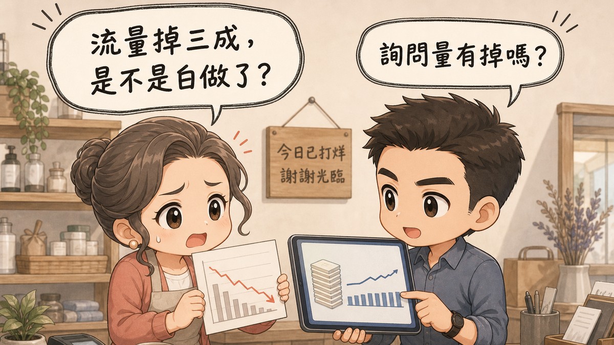 店家櫃台前,一位女性店主舉著一張曲線明顯往下掉的流量報表、神情焦急;對面的男性顧問沒有看那張報表,而是把自己的平板轉過來給她看,螢幕上的預約單與詢問量是平穩甚至微微上揚的。