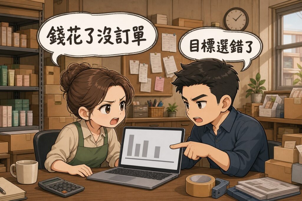 扁平插畫:小店後場,層架堆著貨箱、牆上軟木板釘滿單據與掛鐘。左邊女性店主皺眉看筆電,氣泡寫「錢花了沒訂單」;右邊男性廣告專員指著螢幕,氣泡寫「目標選錯了」。