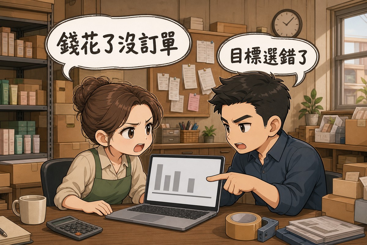 扁平插畫:小店後場,層架堆著貨箱、牆上軟木板釘滿單據與掛鐘。左邊女性店主皺眉看筆電,氣泡寫「錢花了沒訂單」;右邊男性廣告專員指著螢幕,氣泡寫「目標選錯了」。