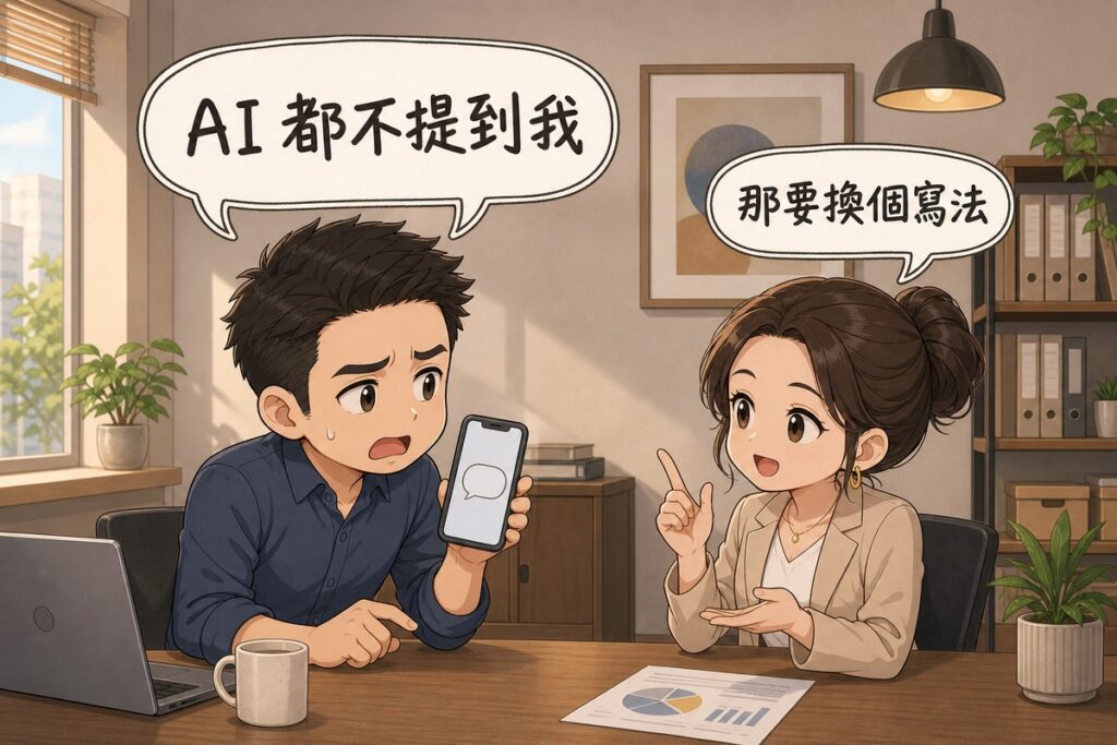 扁平插畫:辦公室場景,牆上掛畫與檔案櫃、左側窗外街景。左邊焦急的男性企業主舉起手機,氣泡寫「AI 都不提到我」;右邊女性顧問手勢指向手機解說,氣泡寫「那要換個寫法」。