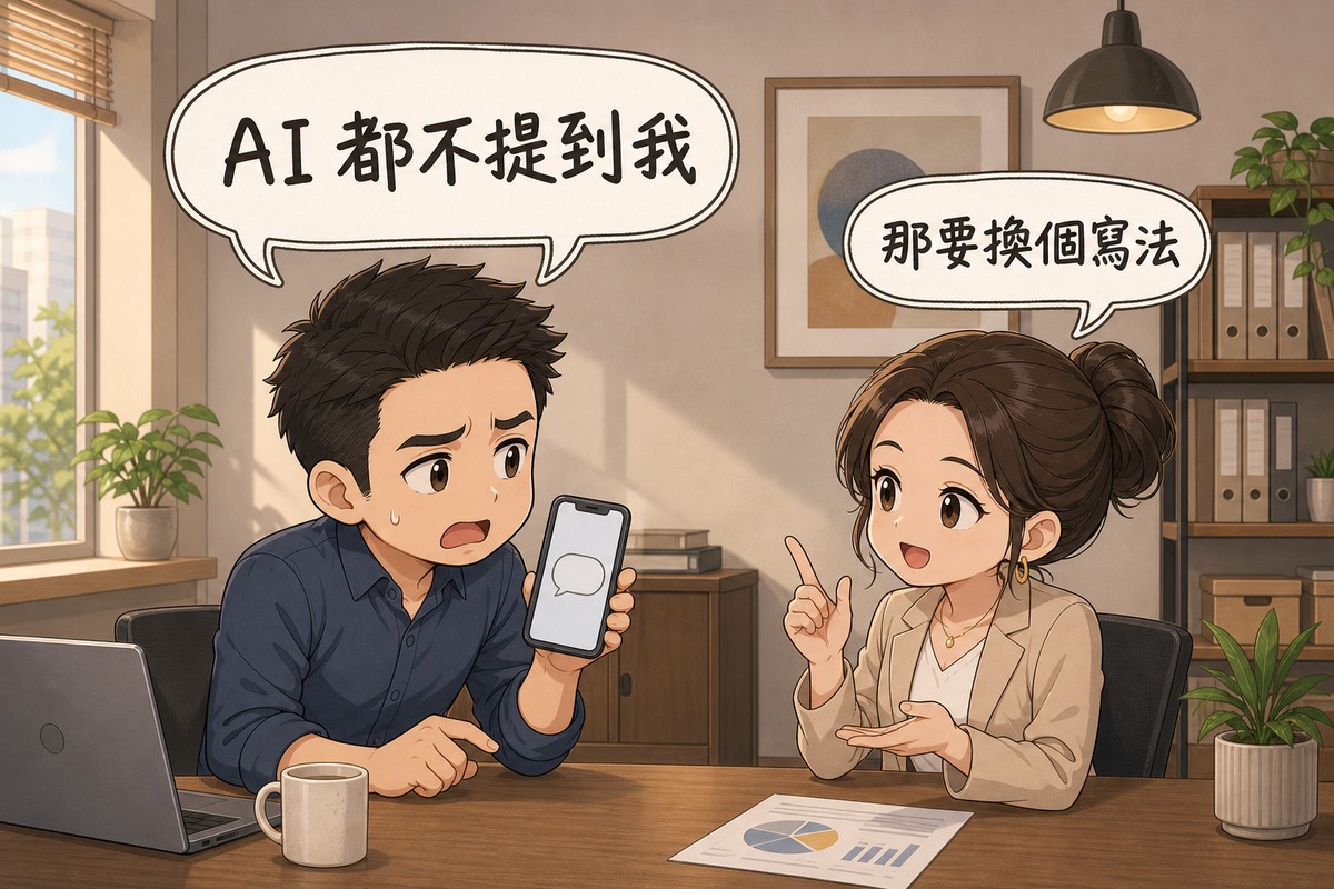 扁平插畫:辦公室場景,牆上掛畫與檔案櫃、左側窗外街景。左邊焦急的男性企業主舉起手機,氣泡寫「AI 都不提到我」;右邊女性顧問手勢指向手機解說,氣泡寫「那要換個寫法」。