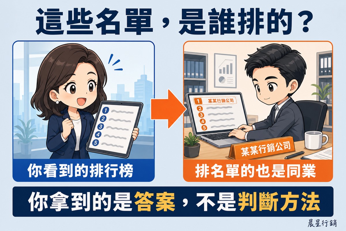 左邊企業主拿著平板看著一份標了名次的公司排行榜,右邊鏡頭拉遠,一位同業正在電腦前打出同一份名單,並把自己的名牌放進第一格。