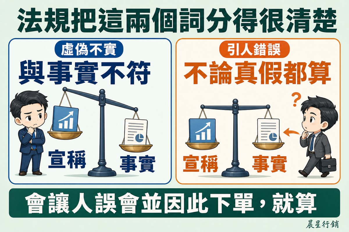 左邊天秤兩端一高一低,宣稱與事實明顯不符;右邊天秤雖然平衡,走過的客戶仍然一臉困惑並轉向那個宣稱。