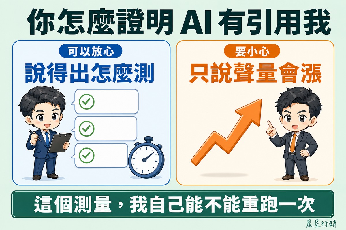 左邊顧問拿著板夾,旁邊三個對話視窗各有一個綠色勾與一只碼錶,代表定期重複測量;右邊顧問指著一支懸空的上升箭頭,箭頭下方沒有任何圖表或依據。