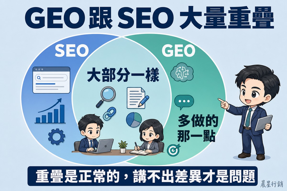 兩個大圓交疊成范恩圖,左圓標示SEO、右圓標示GEO,交疊區域佔了絕大部分並標著大部分一樣,右側僅剩的月牙區標著多做的那一點。