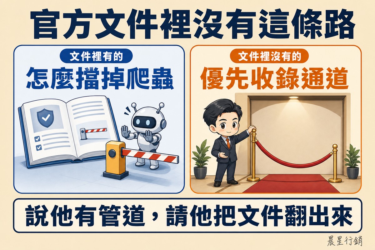 左邊一本攤開的手冊旁,一個機器人被放下的柵欄擋住;右邊業務員掀開絨繩與紅毯,後面卻是一面沒有門的空牆。