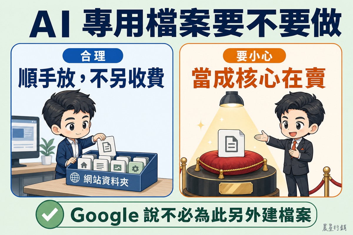 左邊工程師把一張普通檔案卡順手放進一盤既有的網站檔案裡;右邊同一張檔案卡被放在絨布墊上、打著聚光燈,業務員正隆重地介紹它。