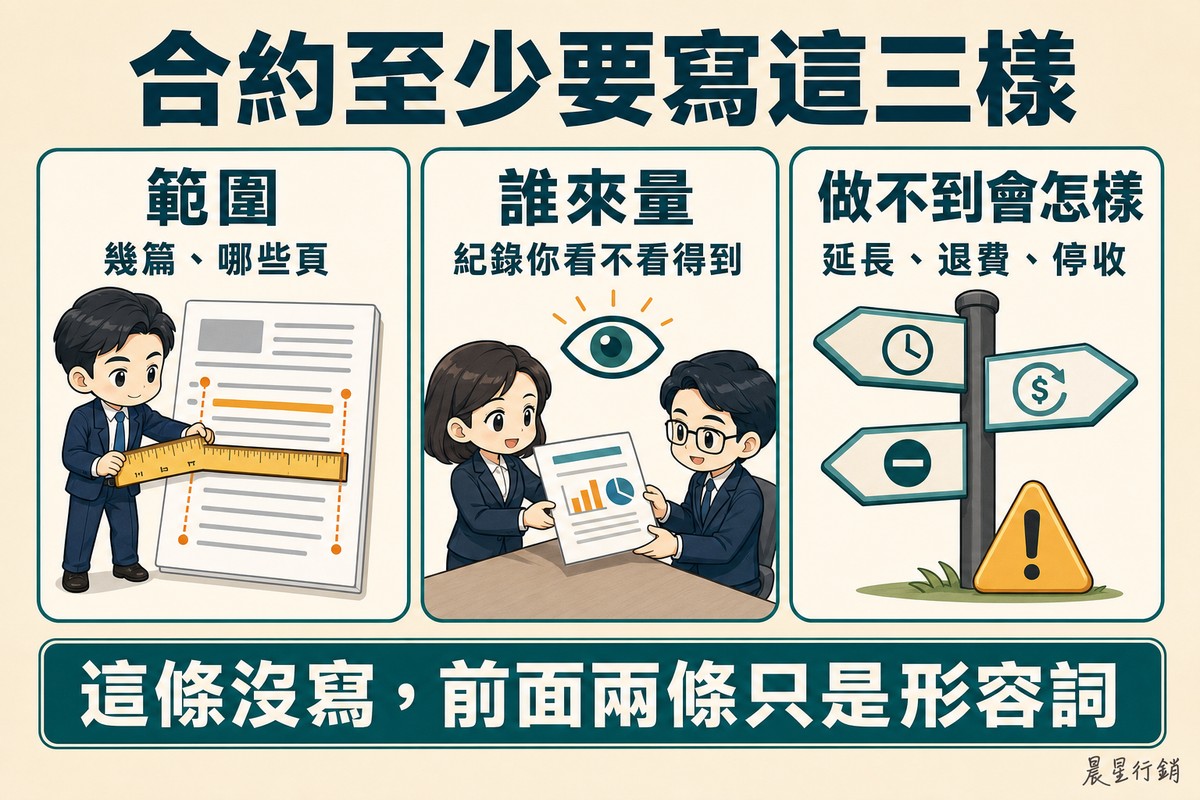 三個欄位分別是拿尺量文件並標出兩端界線、一份報表在兩人之間交接且上方有一隻張開的眼睛、以及一根指向三個方向的路標與警示三角。