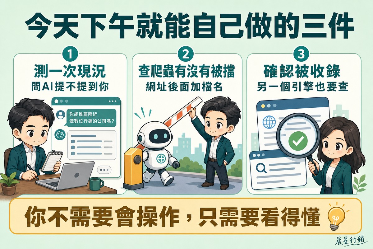 三個編號欄位分別是業主對著聊天視窗提問並用筆記本記錄、業主把擋住機器人的柵欄抬起來、以及用放大鏡檢查網站卡片並出現綠色勾。