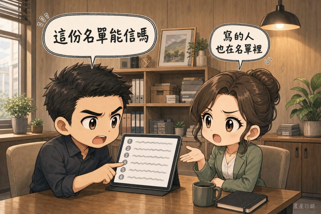 一位男性企業主指著平板上的GEO公司排行清單皺眉發問,對面的女性顧問轉向他攤開手掌解釋這份名單是誰寫的。