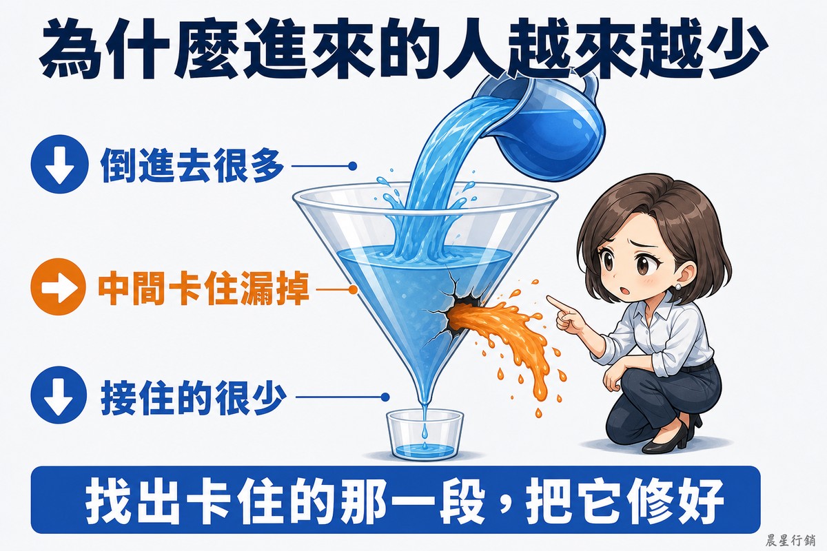 解說圖:中央一個透明漏斗,上方藍色水壺倒進大量藍色水流,標示「倒進去很多」;漏斗中段有裂縫,橘色水流從破洞噴出,標示「中間卡住漏掉」;底部細流只滴進一個小杯子,標示「接住的很少」。右側一位短髮白襯衫女企劃蹲著指向破洞。底部藍色長條寫「找出卡住的那一段,把它修好」。