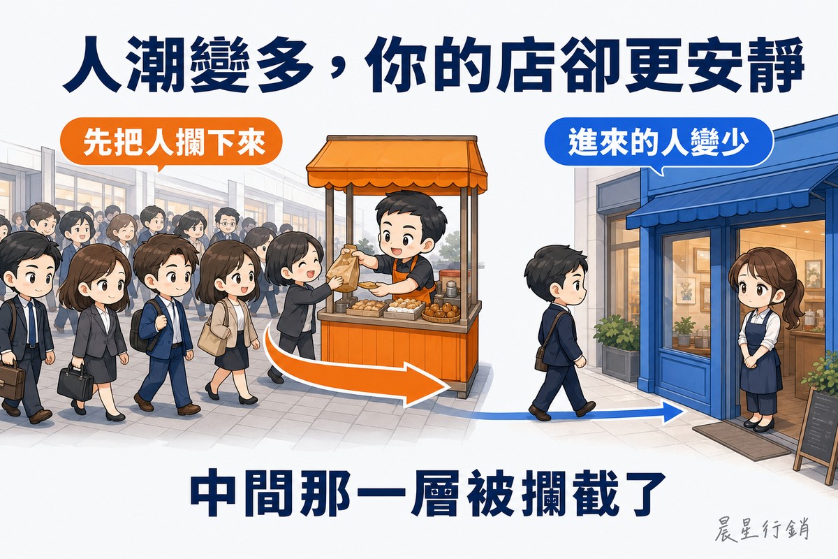 一條街道的場景。左邊一大群上班族從街口走進來,中間騎樓下有一個橘色小攤子,攤主直接把東西遞到路人手上,一支粗橘色箭頭顯示人潮在那裡就轉身離開;右邊藍色店面的門口只有一個人走進去,店主站在門邊張望。