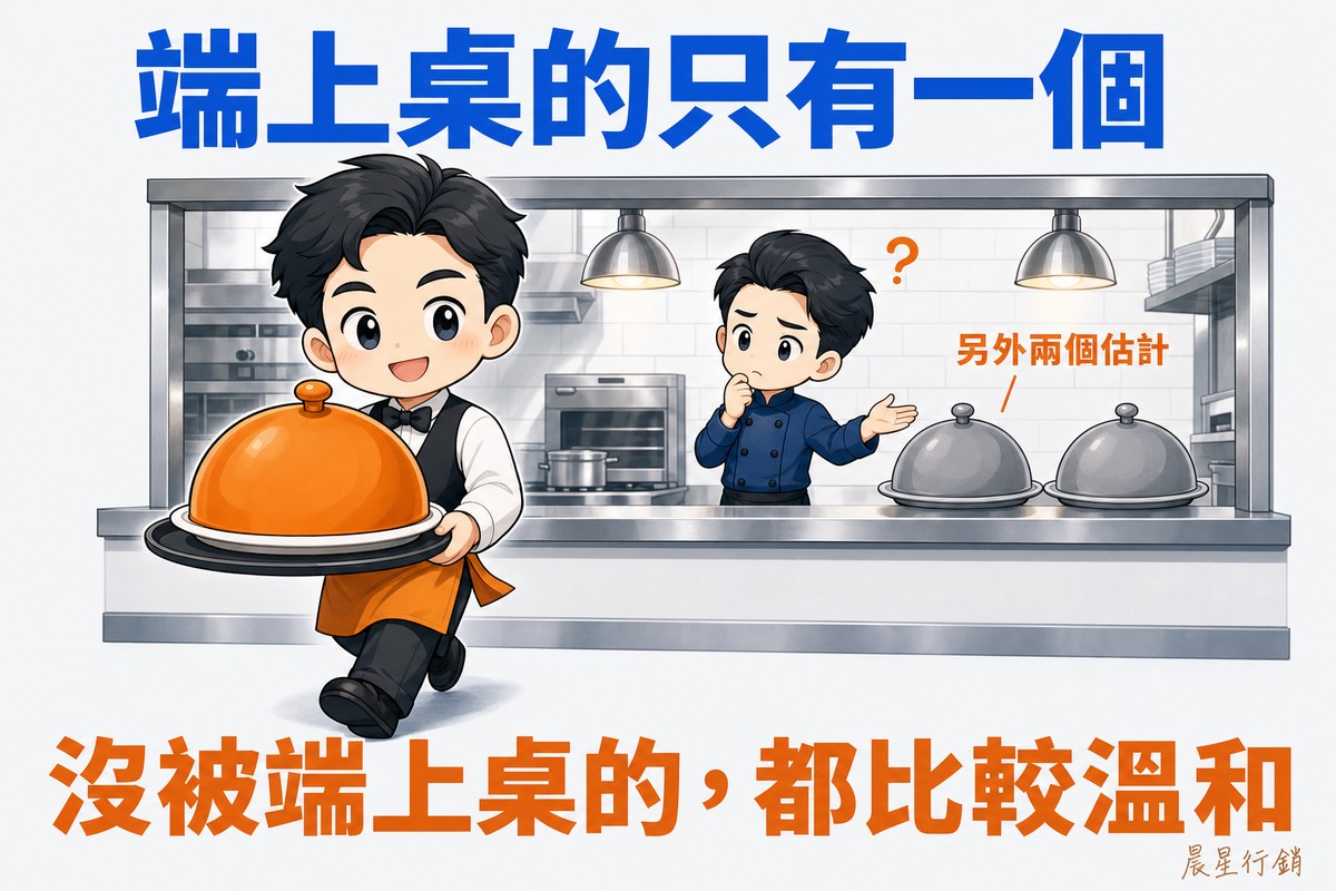 餐廳出餐口的場景。前景服務生端著托盤走向讀者,托盤上只有一個橘色餐盤蓋;後方檯面上還放著兩個沒人動的灰色餐盤蓋,廚師指著它們一臉困惑。