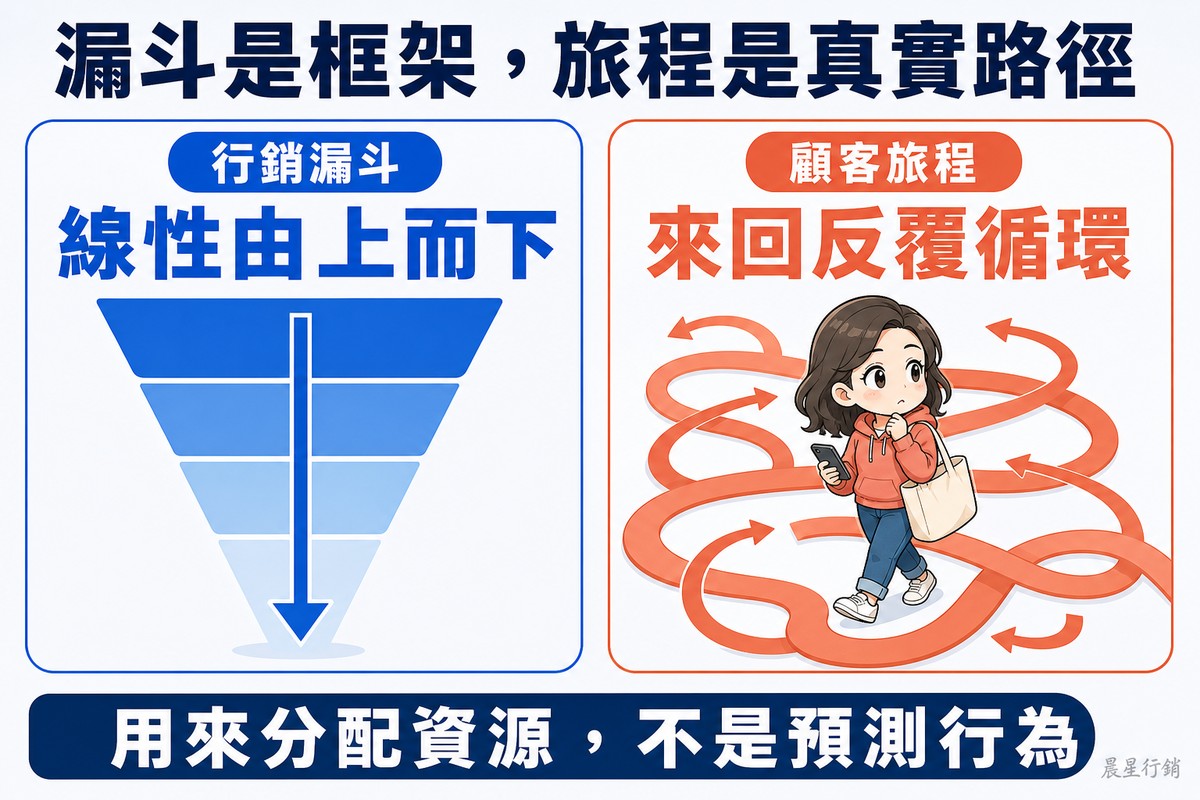 解說圖:左右兩張卡片。左邊藍色卡片標籤「行銷漏斗」,大字「線性由上而下」,畫一個分層整齊的藍色漏斗,中間一支直箭頭從頂端筆直往下。右邊橘紅色卡片標籤「顧客旅程」,大字「來回反覆循環」,畫一位提著托特包、拿手機的年輕女性站在一團交纏迴繞的橘紅色路徑中,路徑上有多個來回箭頭。底部深藍長條寫「用來分配資源,不是預測行為」。