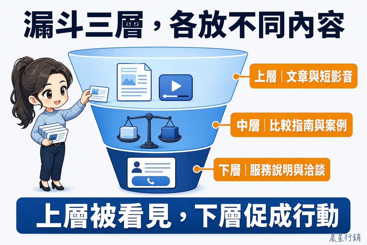 解說圖:中央一個分成三層、由寬到窄的藍色漏斗,三層顏色由淺到深。每層右側有一個橘色標籤,由上而下為「上層|文章與短影音」「中層|比較指南與案例」「下層|服務說明與洽談」,層內分別畫著文章與影片圖示、天秤比較兩個方塊、服務說明頁與聯絡按鈕。左側一位綁馬尾、穿針織衫的女性內容企劃抱著一疊內容卡片,正把一張放進最上層。底部寫「上層被看見,下層促成行動」。