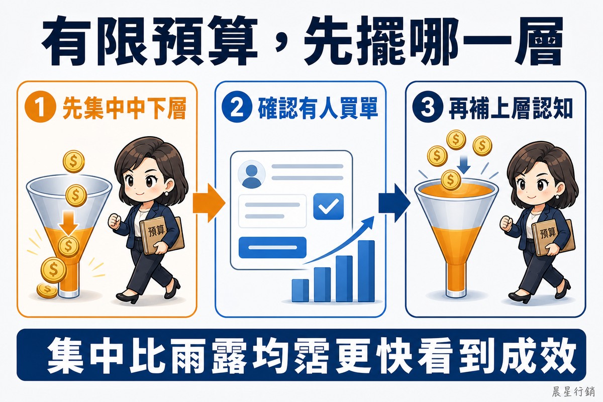 解說圖:三個步驟由左至右以粗箭頭相連。步驟一橘色編號,寫「先集中中下層」,畫金幣投入漏斗、只把下半部裝滿。步驟二藍色編號,寫「確認有人買單」,畫一張打勾的表單與一組上升的長條圖(沒有任何數字)。步驟三深藍編號,寫「再補上層認知」,畫金幣從上方投入同一個漏斗、上半部開始填滿。右側一位穿深色套裝、抱著預算資料夾的中年女性老闆沿著三個步驟前行。底部寫「集中比雨露均霑更快看到成效」。